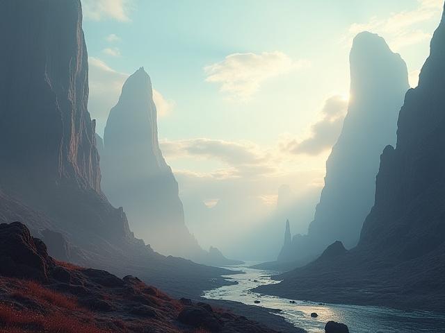 Un vasto paisaje digital 3D detallado, con montañas, vegetación y efectos atmosféricos.