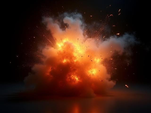 Detalle de efectos visuales de explosión y humo en una escena 3D, con alto nivel de realismo.